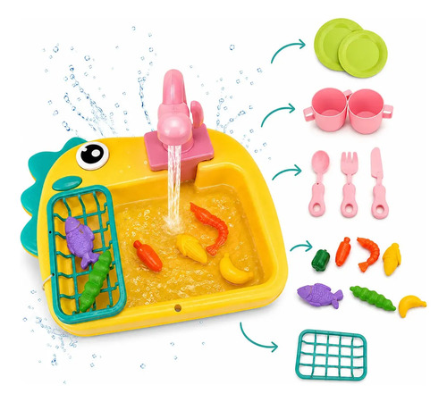 Brinquedo Pia Lava Louça Infantil Cozinha Dino Pescaria Torneira Acessórios Cozinha Infantil Amarelo