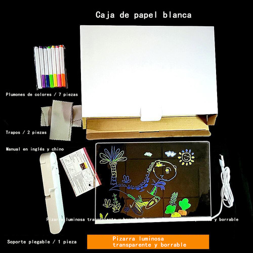 20*20cm Tablero De Dibujo Led Para Niños, Acrílico Transparente, Doble Cara, Borrable En Seco, Con Base Ajustable, Incluye 7 Plumones Fluorescentes, Luz Led Multicolor Y Nocturna