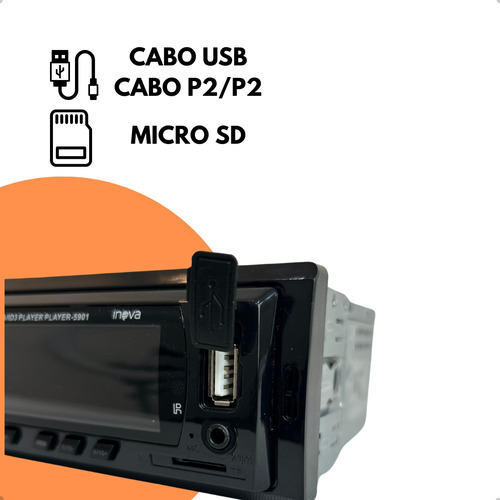 Radio MP3 Som Carro Automotivo Inova PLAYER-5901 com USB Pen Drive Bluetooth Leitor de Cartão SD