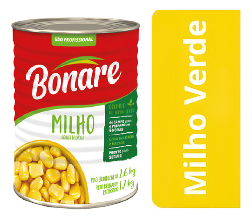 Milho Verde Em Conserva Bonare Lata 1,7kg Kit Com 2 Unidades