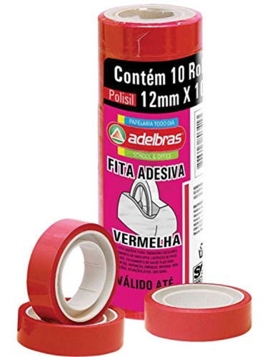 Kit 10 Fita Adesiva Vermelha Escolar Escritório 12mm X 10m