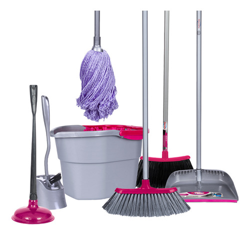 Reynera Kit de Limpieza: Mop Microfibra, Cubeta Con Exprimidor, Escoba Basic y Magnetic, Recogedor Con Peine Quita Pelusas, Bomba, Cepillo Sanitario - Reynera