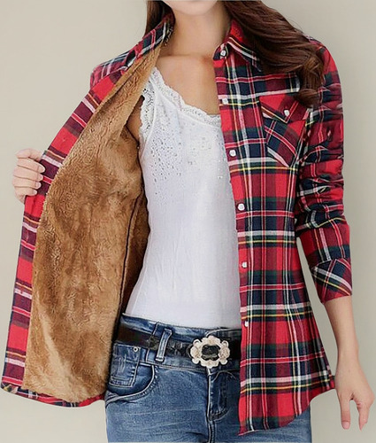 Chaqueta Polar Con Estampado De Cuadros Abrigo Grueso Mujer