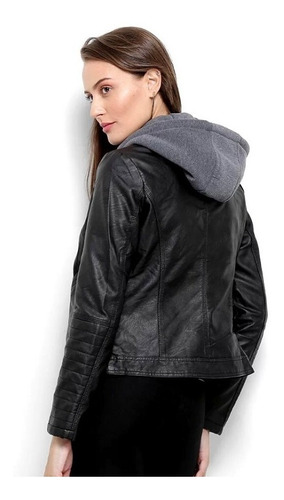 jaqueta de couro com capuz de moletom feminina