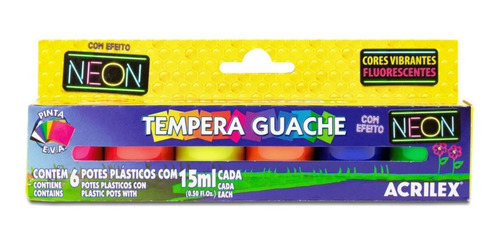 Tinta Tempera Guache Neon Fluorescente Acrilex 6 Cores