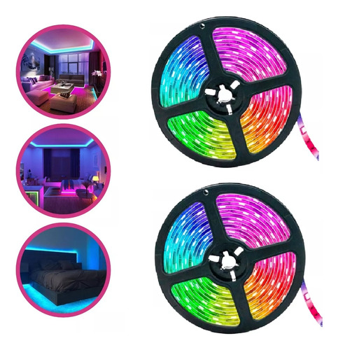 2 Fitas Led Rgb Controle Remoto Bivolt 5m Kit Branco Quente