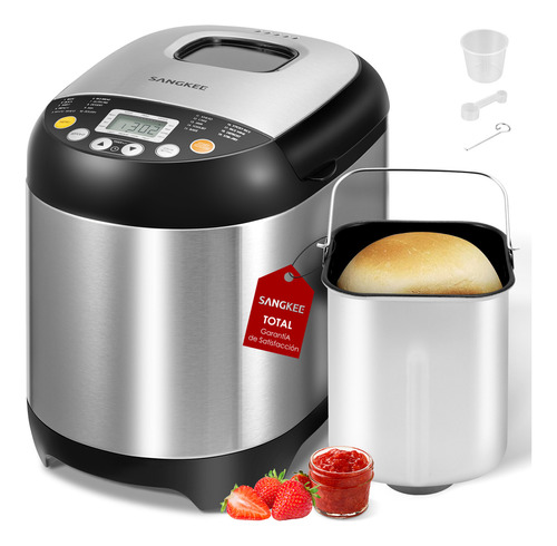 Sangk máquina pan máquina para hacer pan automática con bandeja antiadherente para pan 15h temporizador y 1h para mantener caliente con 3 tamaños de pan 3 colores de corteza recetas acero inoxidable