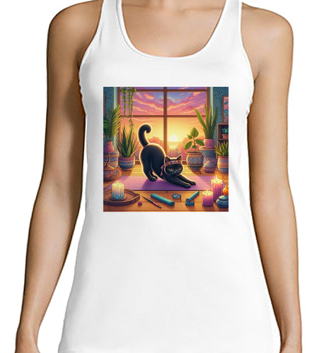 Musculosa Mujer Gato Yoga En Casa Atardecer Dibujo Vela