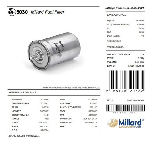 Mf 5030 Filtro Gas Audi A4 4l A4 V6 Y A6 V6 2.7; 2.8 V6 3.0l