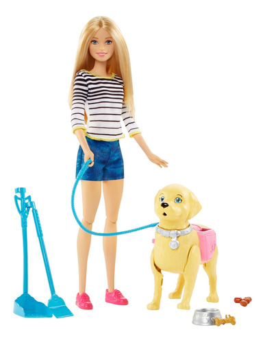 Barbie Muñeca Paseo de Perritos con plato para alimentarlo y un hueso - 3 años en adelante