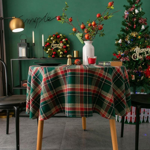 Mantel Redondo A Cuadros Para Decoración Navideña