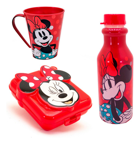Kit Sanduicheira Infantil 3d, Garrafa 500ml, Caneca 360ml Cor Minnie Vermelha