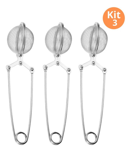 Kit 3 Infusores De Cha Inox Peneira D Ervas Com Cabo Difusor