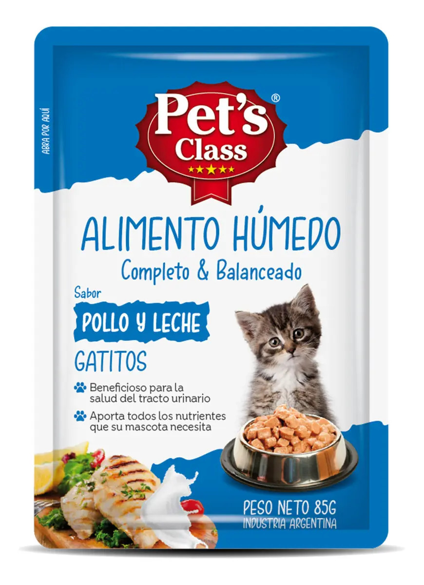 POUCH GATITO POLLO Y LECHE, PETS CLASS, 85 gr