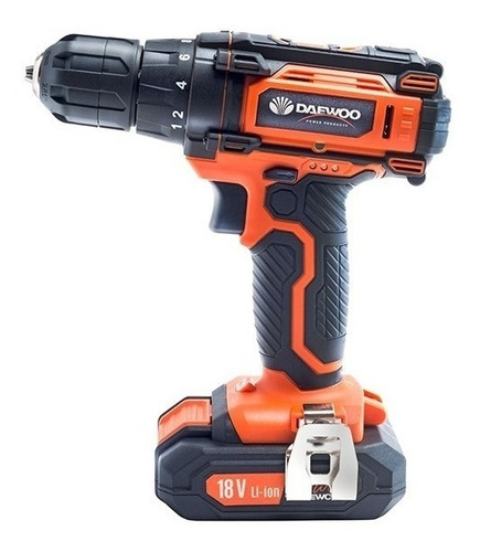 Imagen 2 de 3 de Taladro percutor atornillador inalámbrico de 10mm Daewoo DACD1800V 18V + accesorio con maletín de transporte 220V