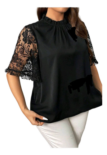 Blusa Plus Size De Poliéster,cuello Alto,mangas De Encajexxl