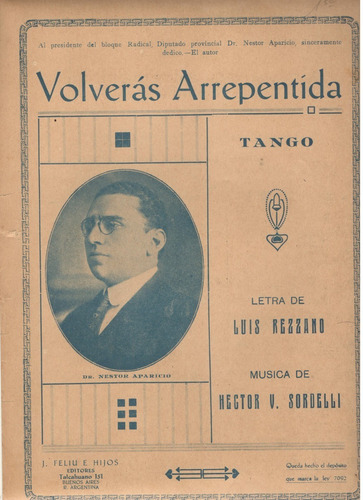 Partitura Original Del Tango Volverás Arrepentida