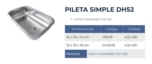 Pileta Bacha Cocina Simple Acero Inox 52 X 32 X 13 Dh52