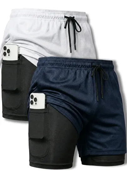 Kit 2 Shorts 2 Em 1 Dry Fit Bolso Para Celular Academia Cros Azul/branco G