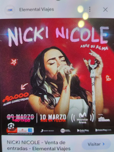 Vendo Dos Entradas Para Nicki Nicole- 10 De Marzo- Movistar 