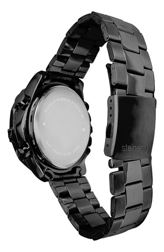 Reloj Análogo Digital Para Caballero, Subesferas. Steiner Correa Negro Bisel Negro Fondo Negro