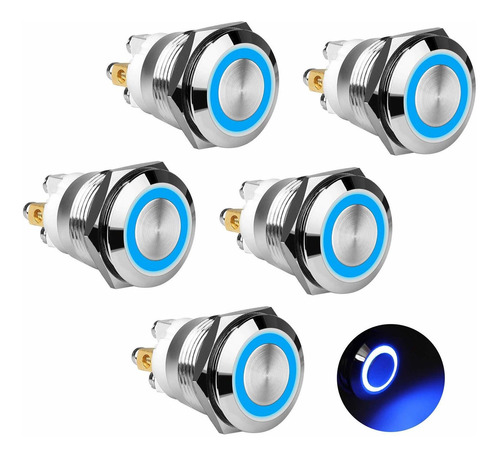 5pcs 19mm Momentary Push Button Switch With Blue Led 12v