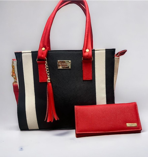 Set De Bolsa Y Cartera Color Rojo,crema Y Azul Marino.
