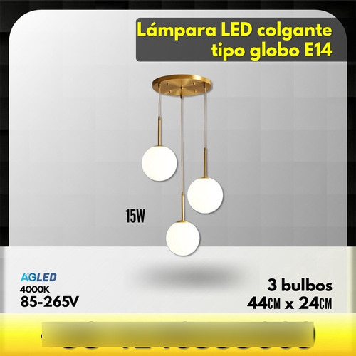 Lampara Led Colgante 3 Bulbos 15w Dorada 4100k 85-265v E14