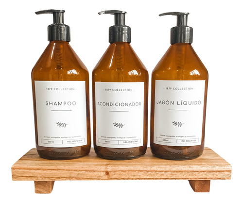 Set Dispenser Vidrio Shampoo+acondi+jabon Liq+tablita Madera