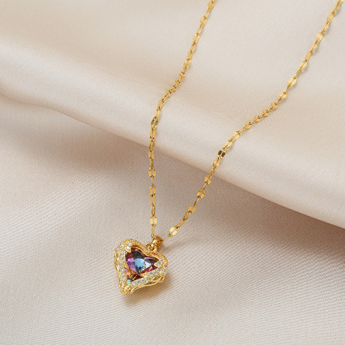Imagen 8 de 10 de Collar Dije Corazón Acero Oro Rosa Con Cristal Rosa Iced