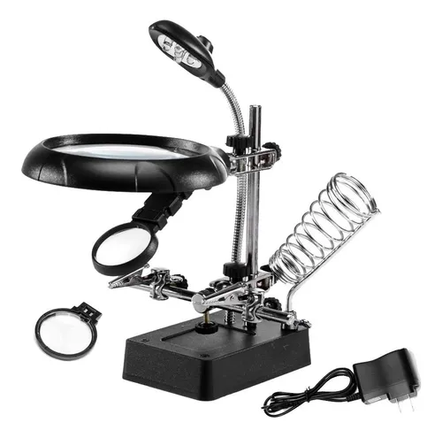 Lupa Mesa Bancada 5 Leds Garras Solda Com 3 Lentes