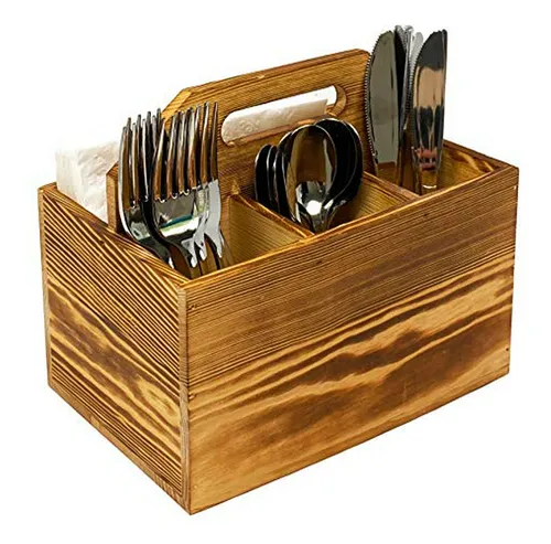 Organizador De Cubiertos Y Servilletas En Madera Rústica Con