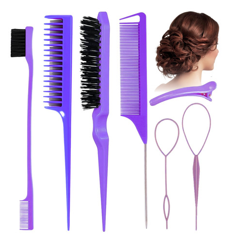 Kit Cepillos Y Peines Peinado Cabello Pinza Peluquería 7 Pzs