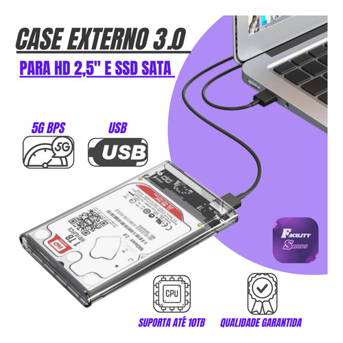 Case Para Hd Slim Externo Usb 3.0 Computador Facility Shops Ssd Hdd Sata 2.5 Notebook Pc Ps4 Transparente