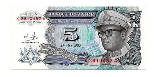 Zaire Billete 5 Nuevos Makuta Año 1993 P#48 Sin Circular