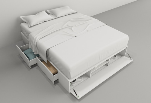 Imagen 6 de 10 de Box De Cama Con Cajonera + Zapatero Base Somier 1,60m Blanco