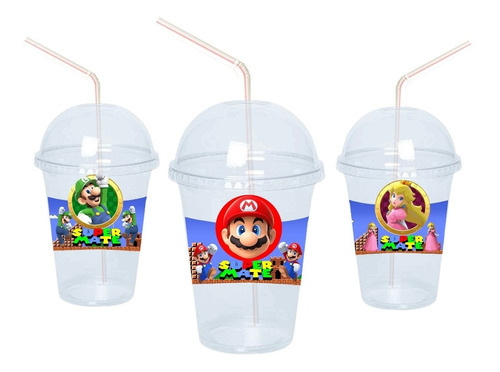 Mario Bros Vasos Con Cupula+sorbitos De Regalo Pack X10