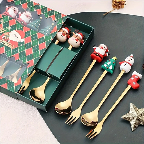 Juego De 6 Tenedores Y Cucharas Navideños, Vajilla Creativa