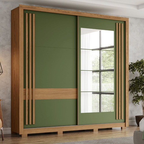 Guarda Roupa Casal 2 Portas De Correr Com Espelho Henn Flex Cor Nature/Off White/Verde