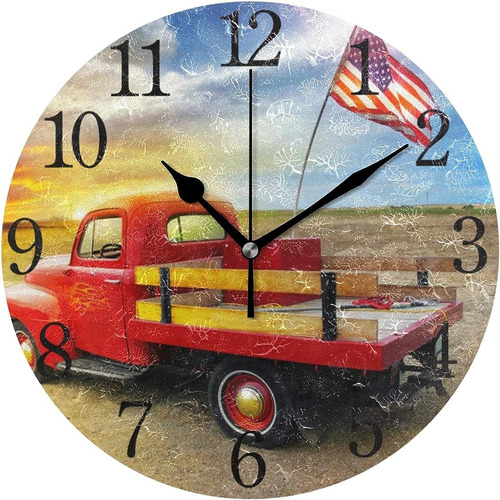 Reloj De Pared Rojo Vintage Pick Up Truck Con Bandera Americ