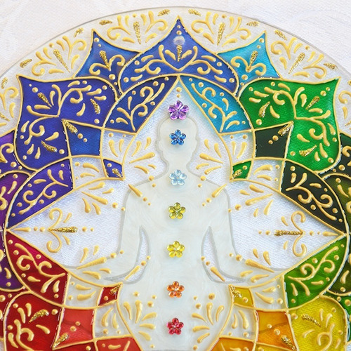 Mandala 7 Chakras Colorida Em Vidro Com 22cm, Pintura Vitral