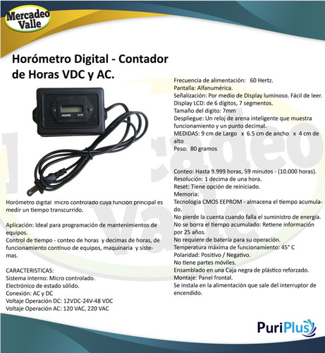 Imagen 2 de 3 de Horómetro Digital Contador De Horas Vdc Y Ac