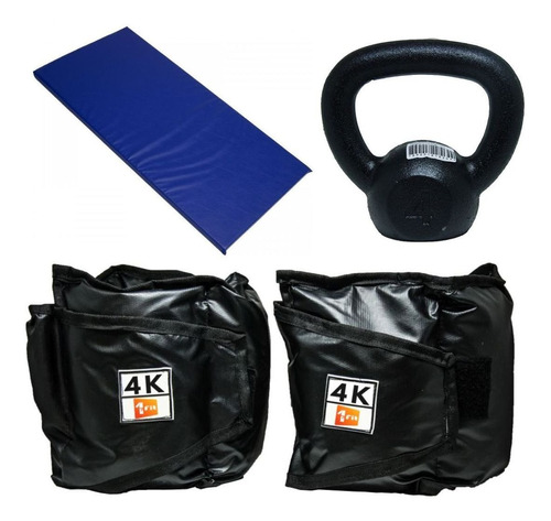 Kit Colchonete Azul+caneleira 4kg+kettlebell Pintado 4kg