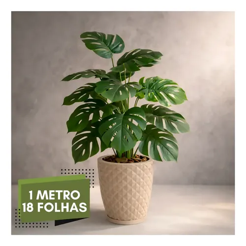 Planta Artificial Costela De Adão Vaso Completo 1m 18 Folhas Bege 18 Folhas / 1 Metro / Casca De  Pinus
