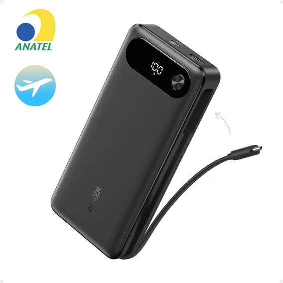 Power Bank Anker Carregador Portátil De 20000mah 87W Com Cabo Usb-c Integrado 3 Portas E Carregamento Rápido Compatível Com Macbook iPhone Samsung Switch E Outros Preto
