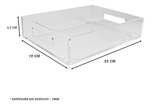 Bandeja Em Acrílico Média 25 X 19 X 5,5 Cm Com Alças 5mm
