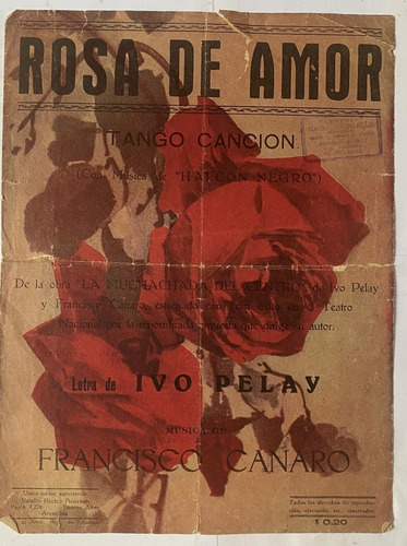 Antigua Partitura Tango Rosa De Amor Canaro - Pelay  Mv