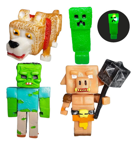 Minecraft Set Figuras Creeper, Lobo 4 Pzs Articulado