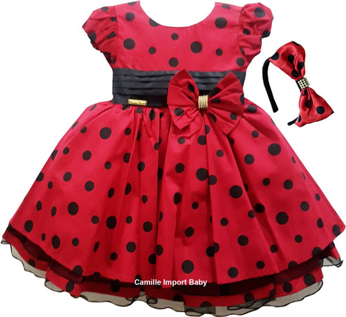 Vestido Minnie Vermelho Joaninha Baby Infantil Chique Tiara