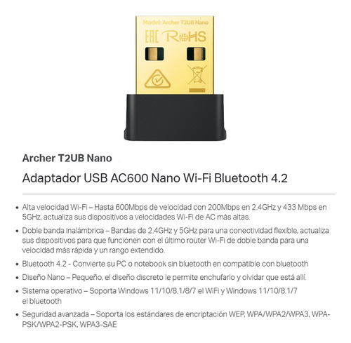 Adaptador Usb Bluetooth Wifi Ac600, Tp-link Archer T2ub Nano